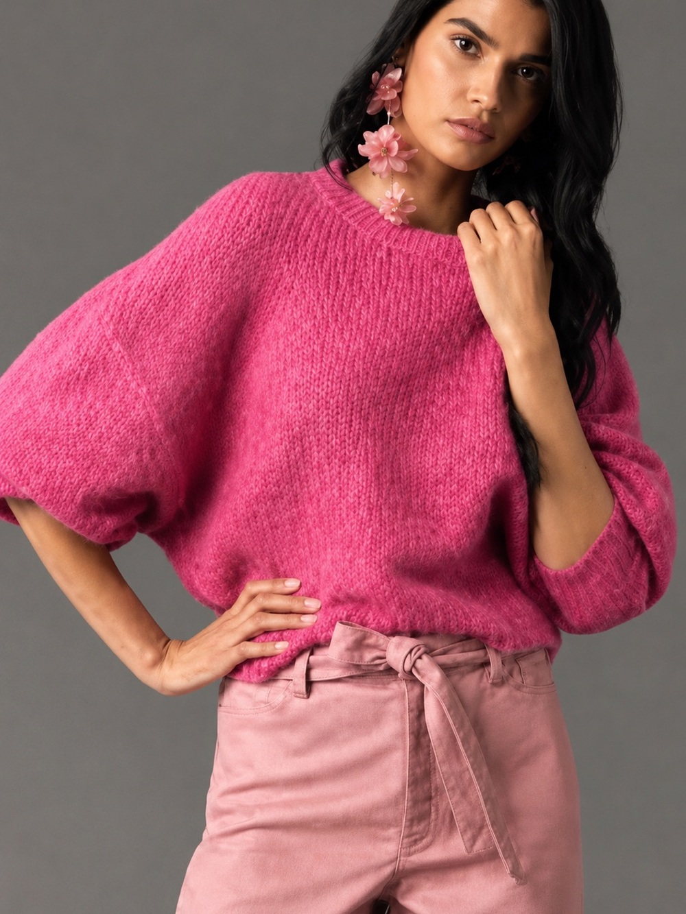Zara Wool Blend Fuzzy Drop Shoulder Barbie Pink Oversized Short Sleeve Sweater